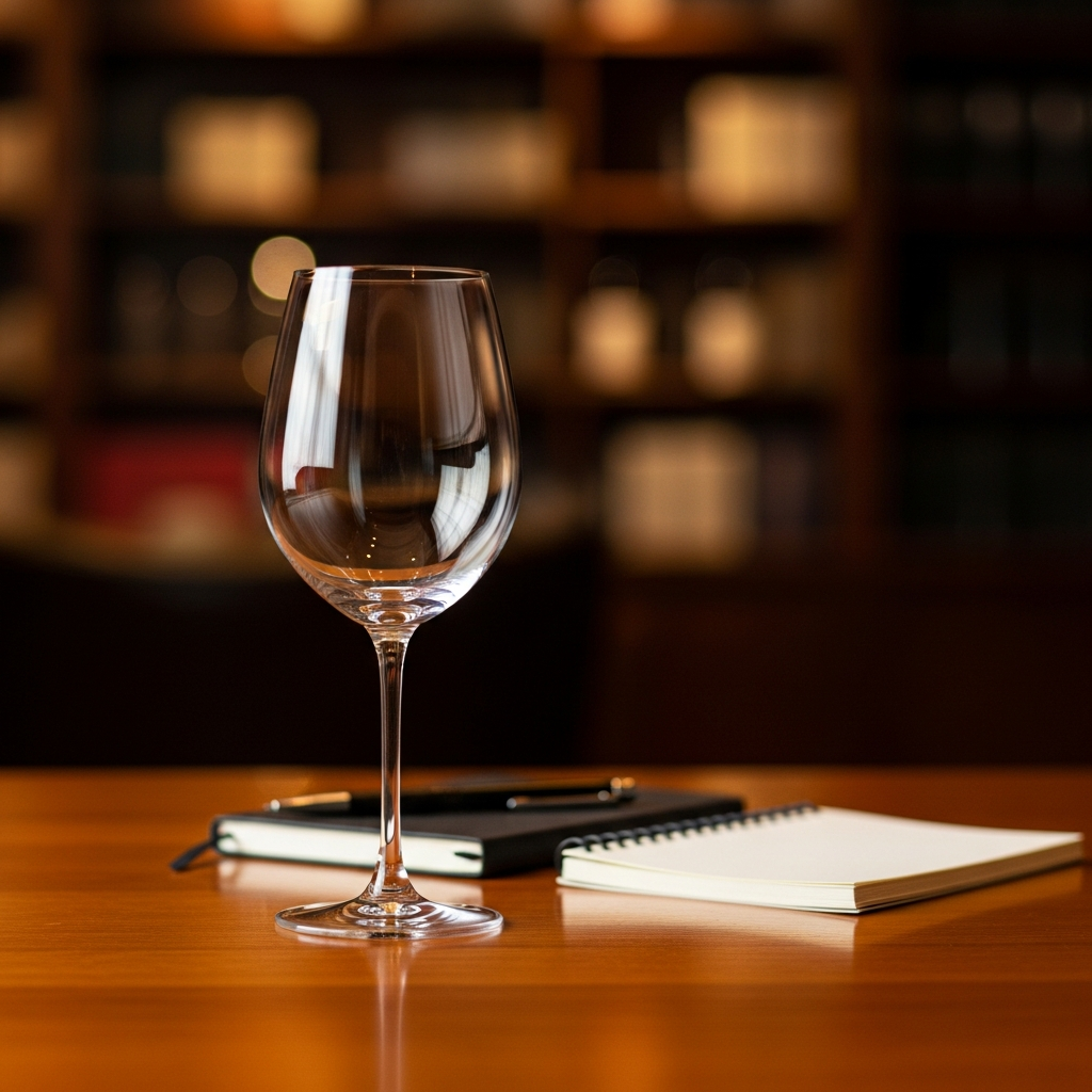 Uma taça de vinho elegante sobre uma mesa de madeira polida, com um fundo desfocado de uma biblioteca ou estudo aconchegante, transmitindo uma atmosfera de boas-vindas e aprendizado.